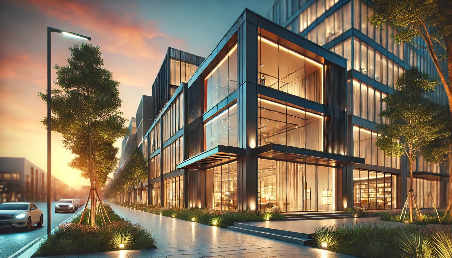 Modern commercial building with glass facade at sunset